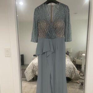 Terani Couture Beaded light Blue/Gray Long Sleeve Dress.